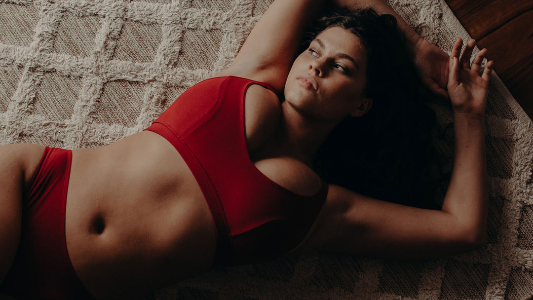 model showing red organic everyday underwear