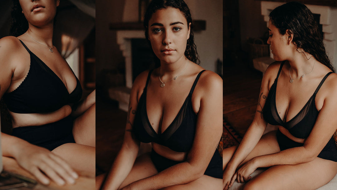 model lying in soft linen wearing full cup bralette in organic cotton with lace trim