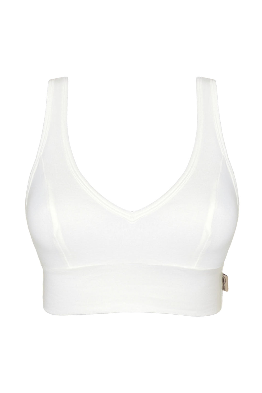 Flatlay image of organic cotton crop bra in natural white