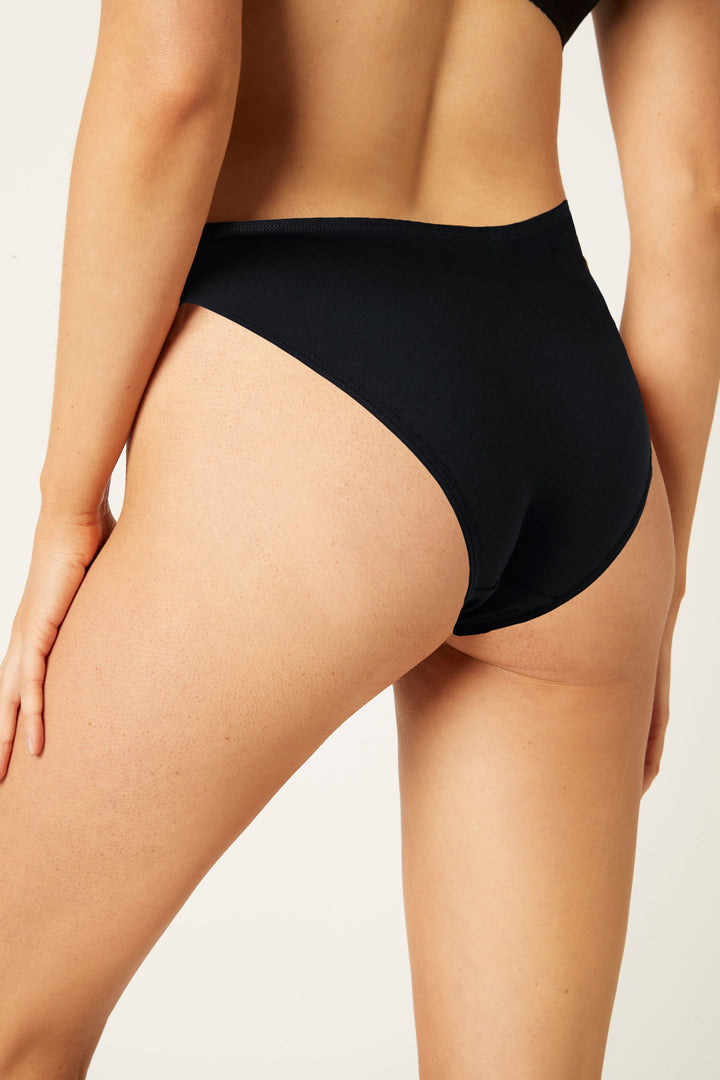 studio model showing back view of black bikini brief