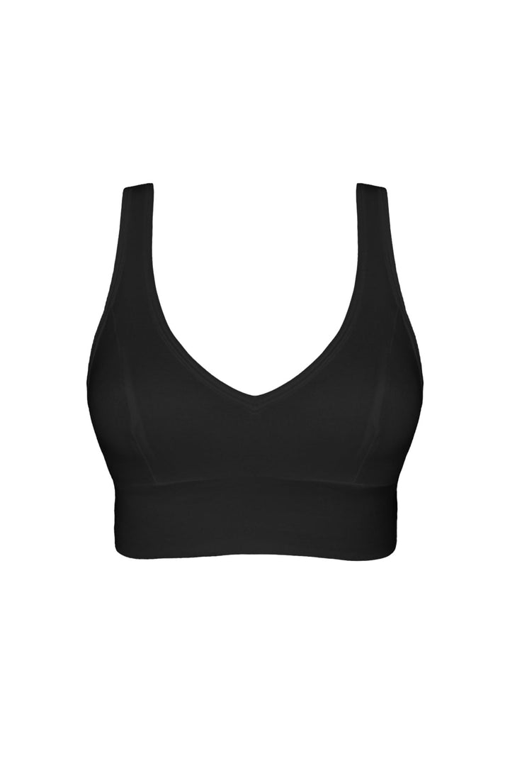 Flatlay image of organic cotton crop bra in black