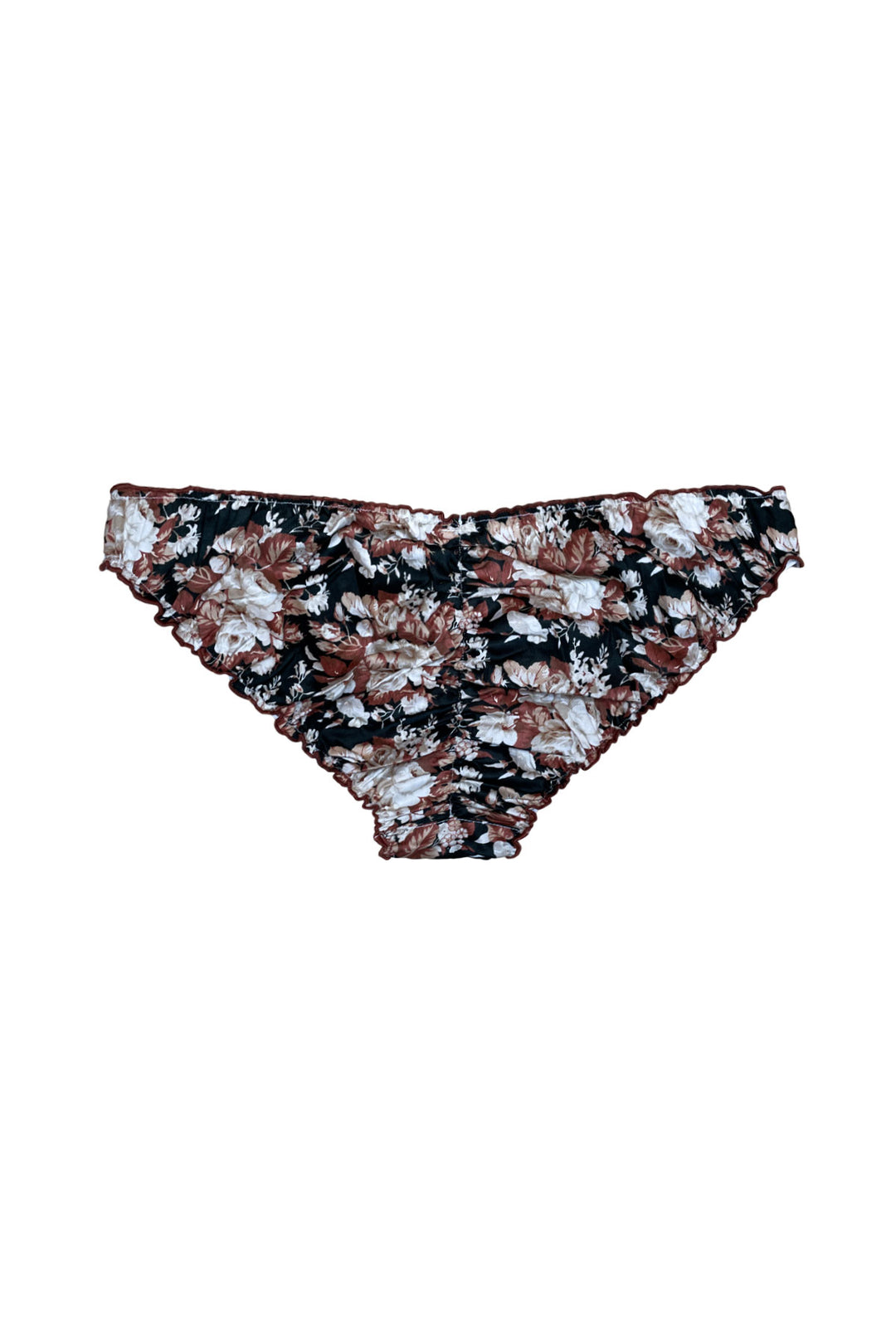 back view od cotton ruffles with dark rose print