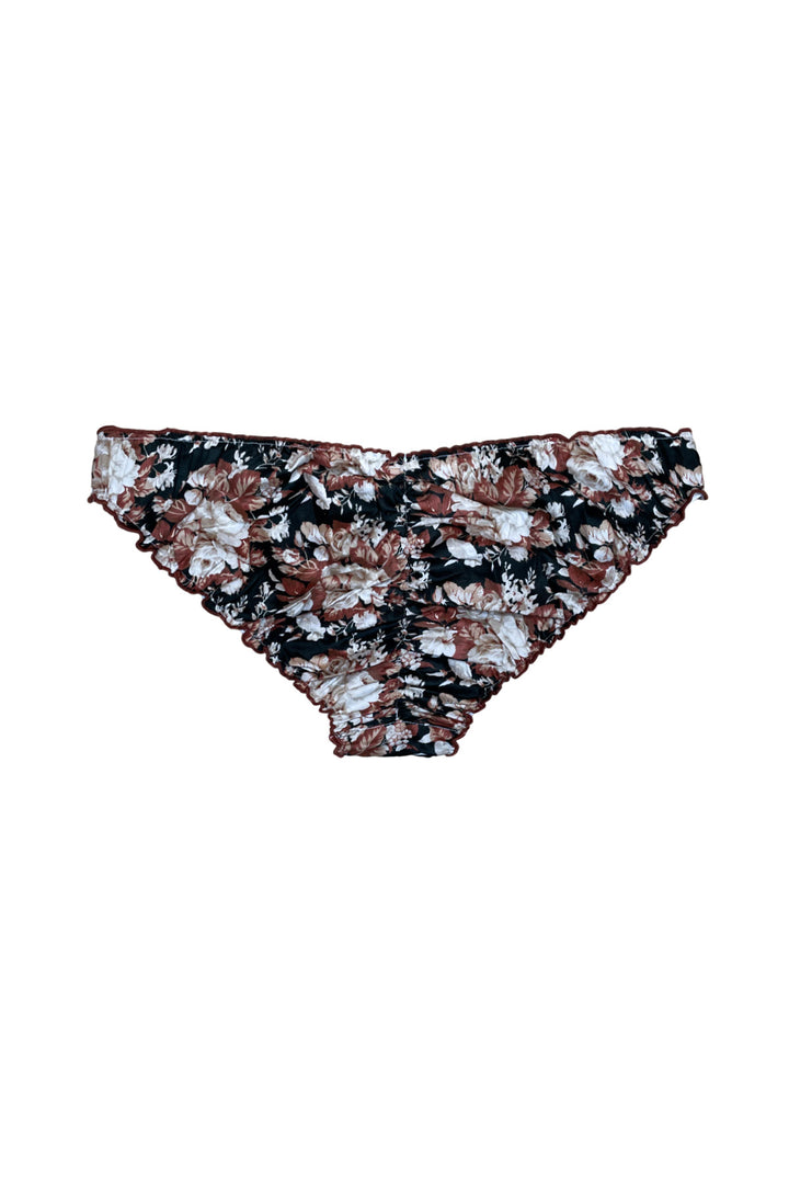 back view od cotton ruffles with dark rose print