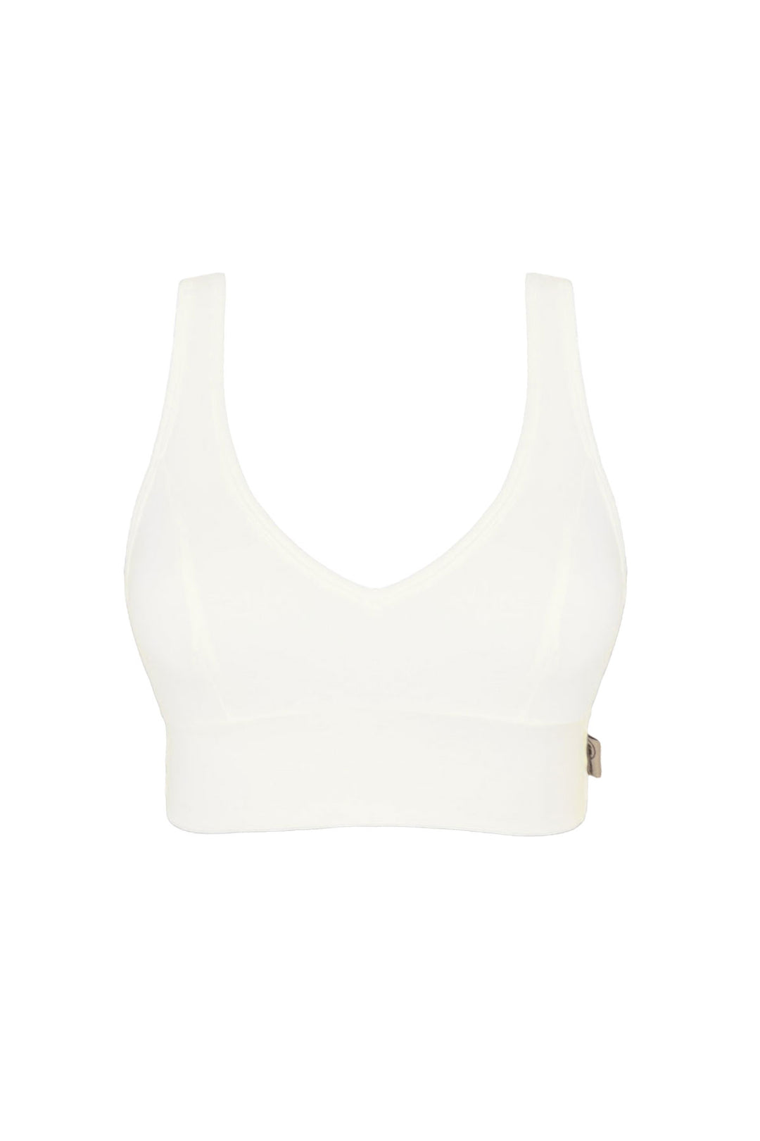 Flatlay image of organic cotton crop bra in natural white