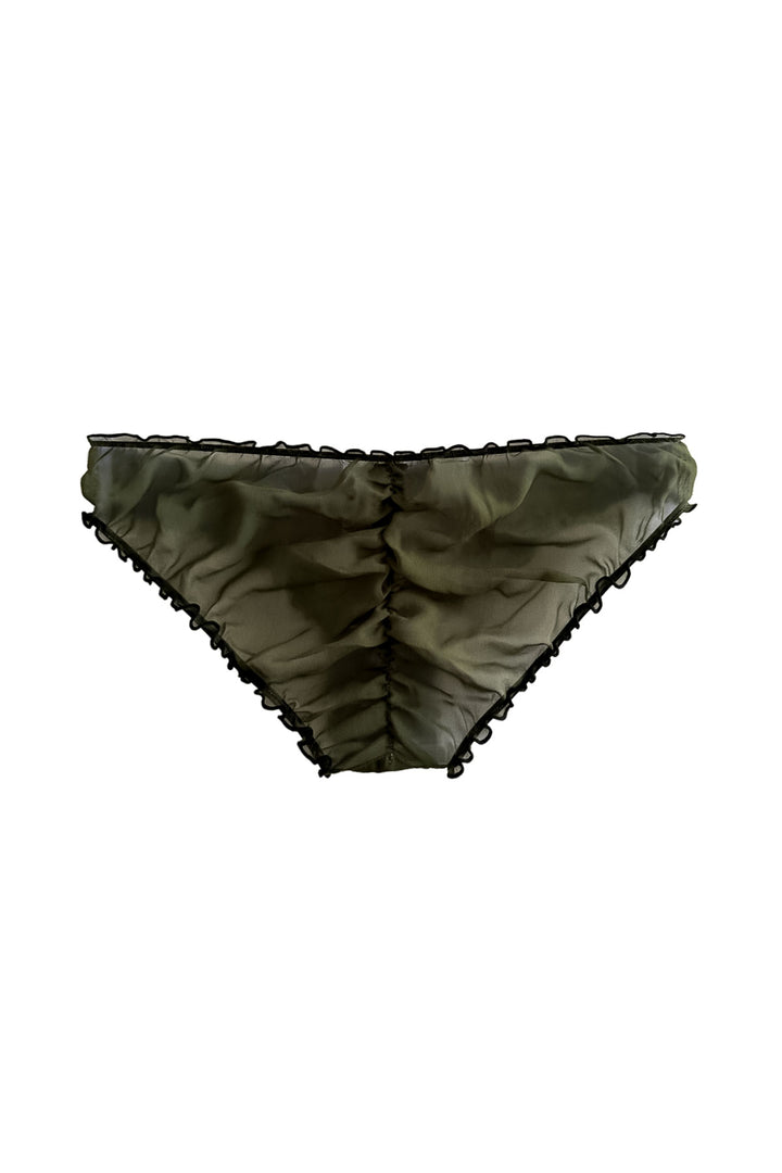 flatlay of back view of silk chiffon ruffle knickers in olive green