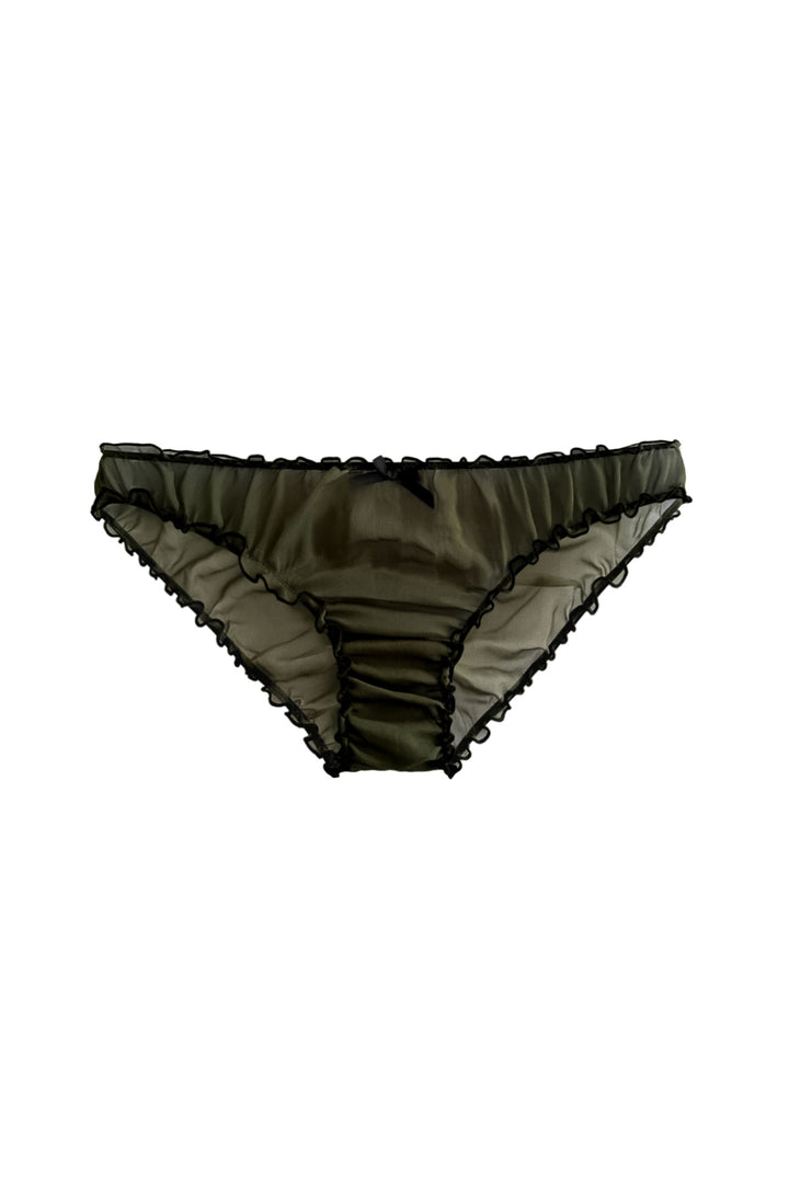 flatlay of silk chiffon ruffle knickers in olive green