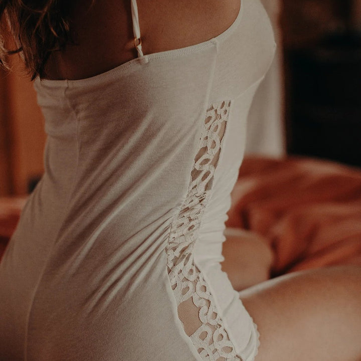 model wearing organic cotton playsuit