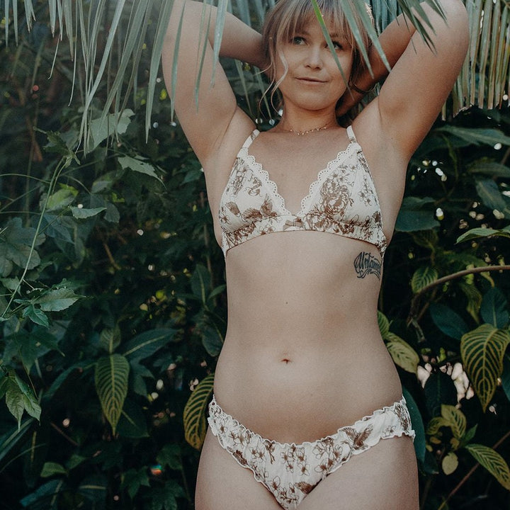 model in garden in organic cotton lingerie