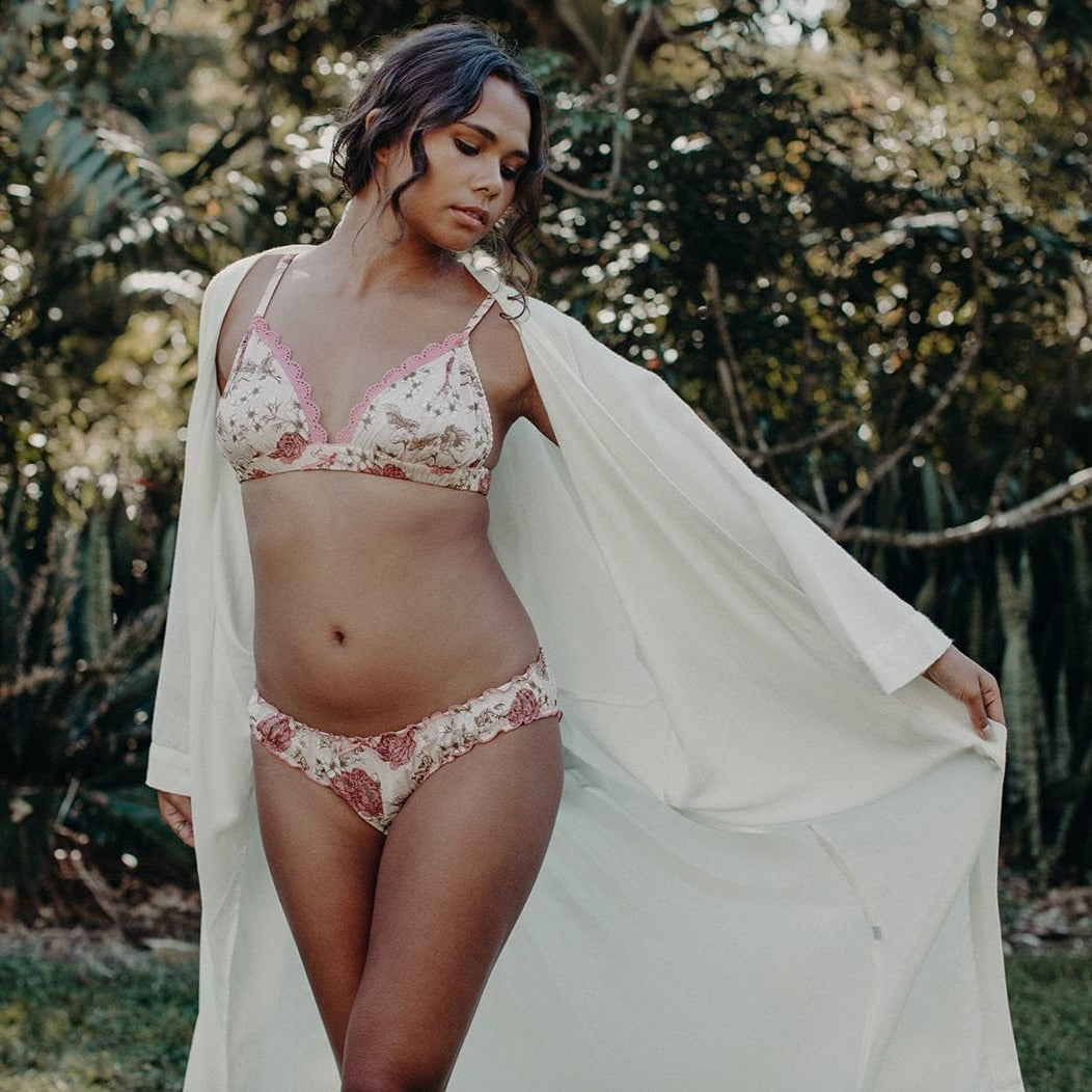 model wearing organic cotton bra and underwear with bamboo kimono