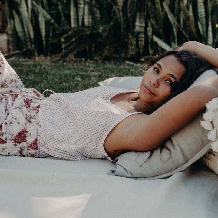 model relaxing wearing organic cotton sleepwear