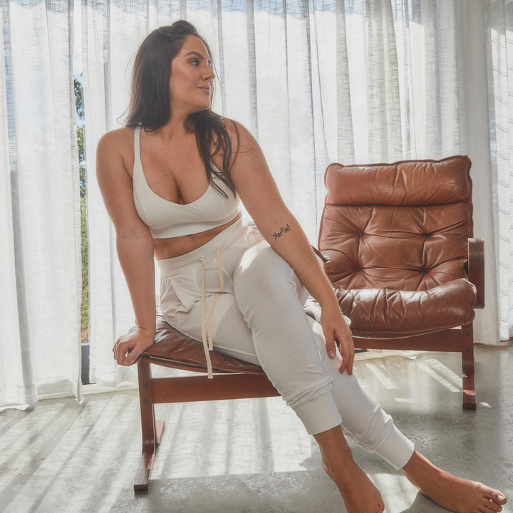 model wearing fitted organic cotton jogger pant