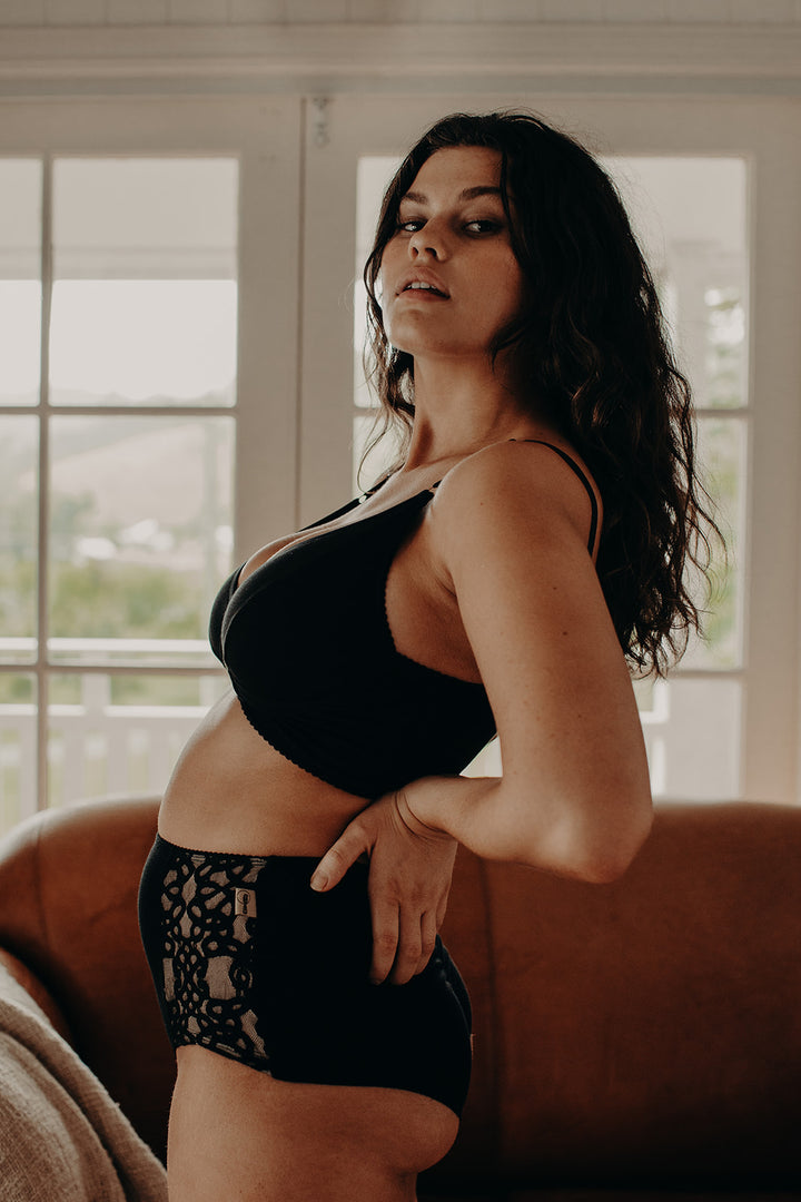 curvaceous model in high waisted underwear in black, eco intimates