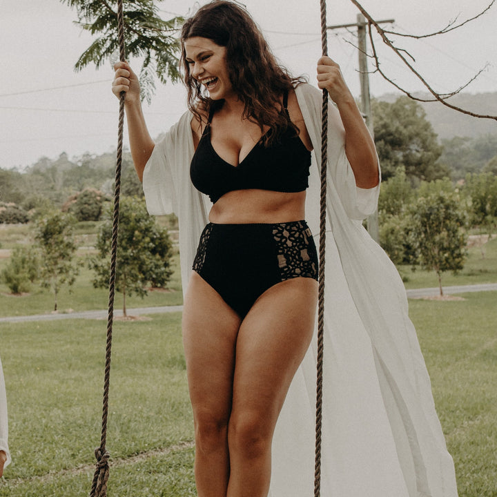 model in high waisted underwear with lace