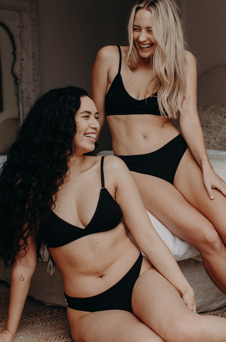models in black organic cotton underwear, organic basics