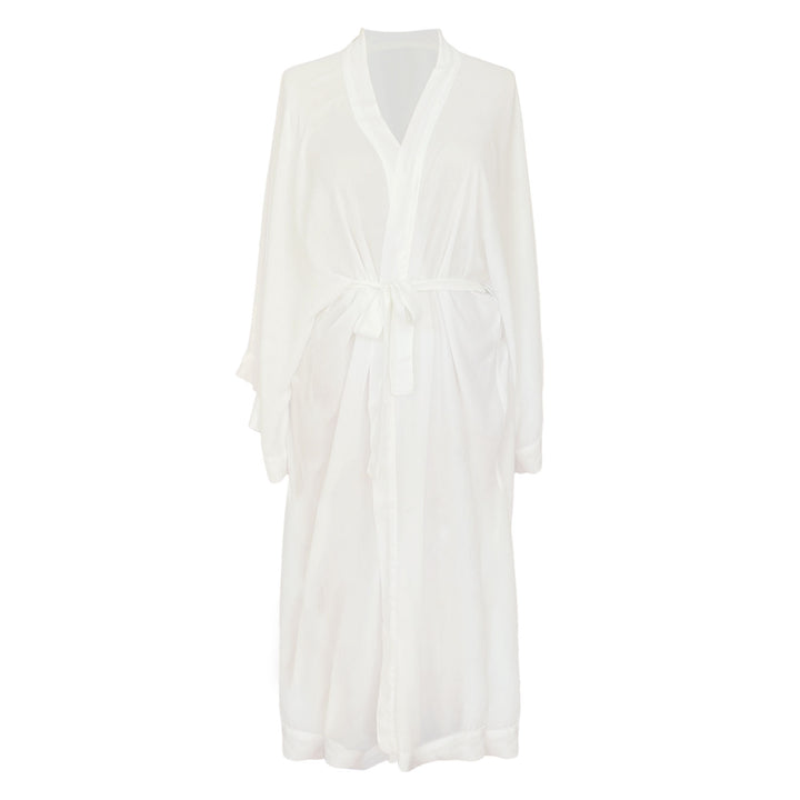 Full front view of the Marla kimono showcasing the elegant flow and length of the garment.