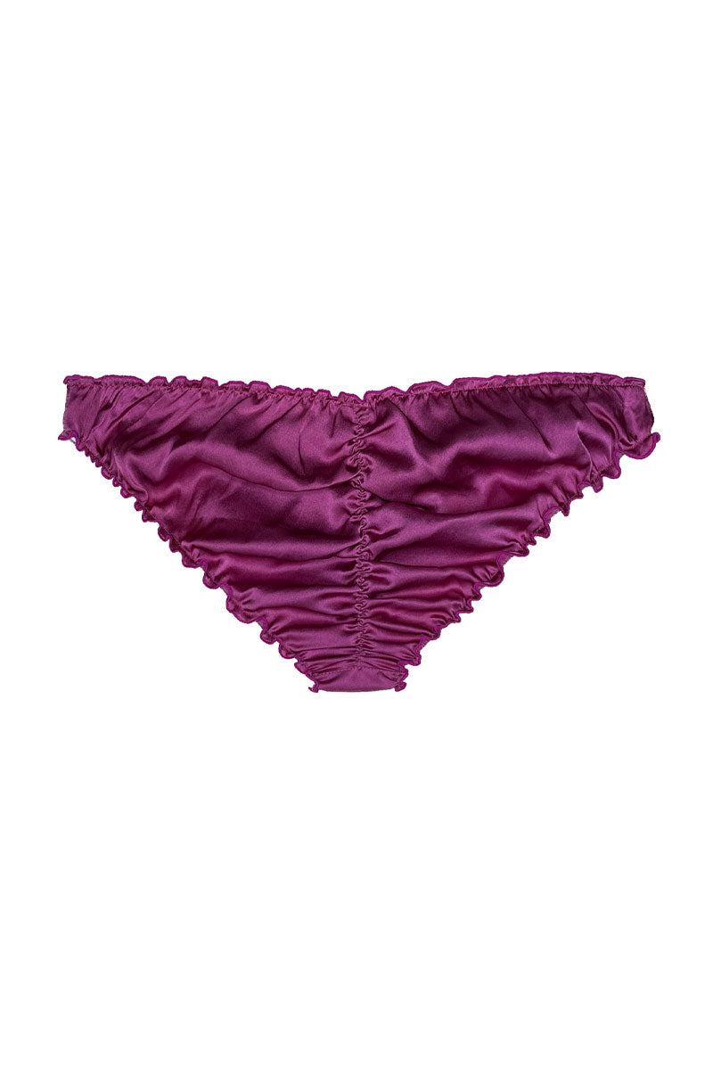 back view of raspberry silk ruffle knickers
