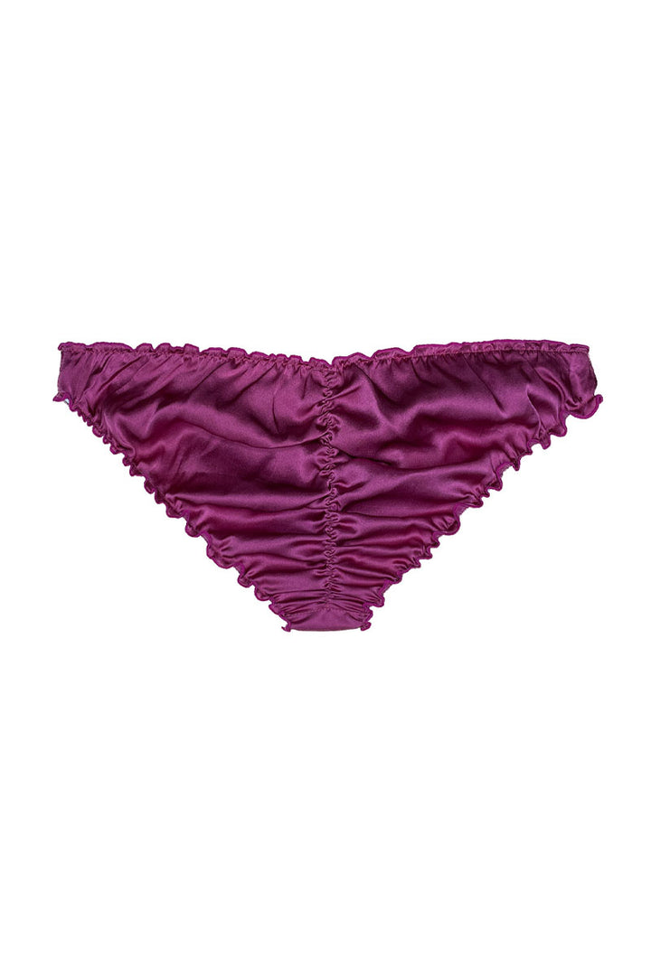 back view of raspberry silk ruffle knickers