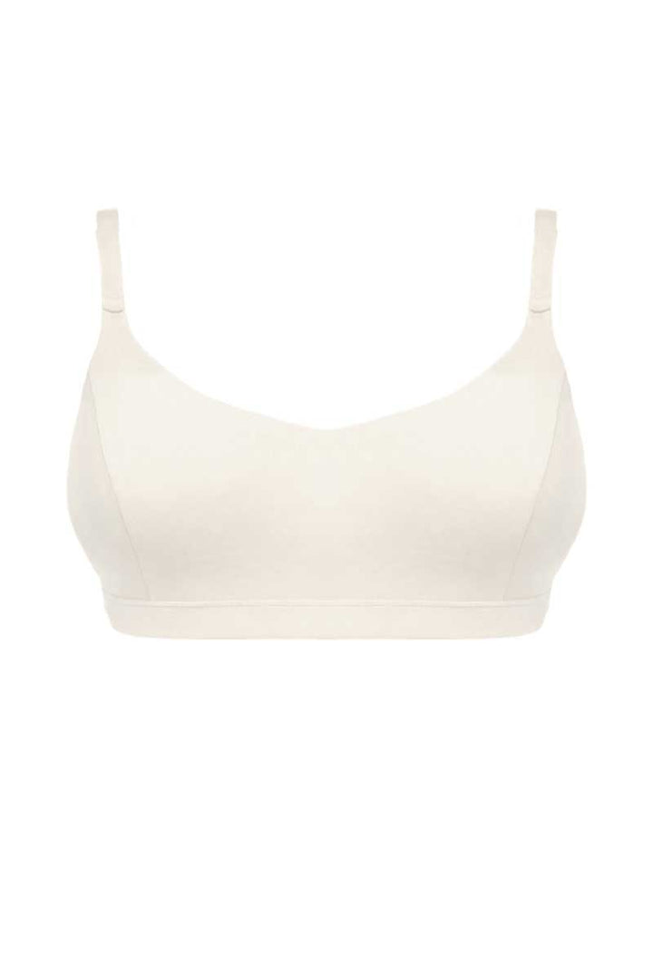 An off-white wireless bra with thin shoulder straps, shown against a plain white background.