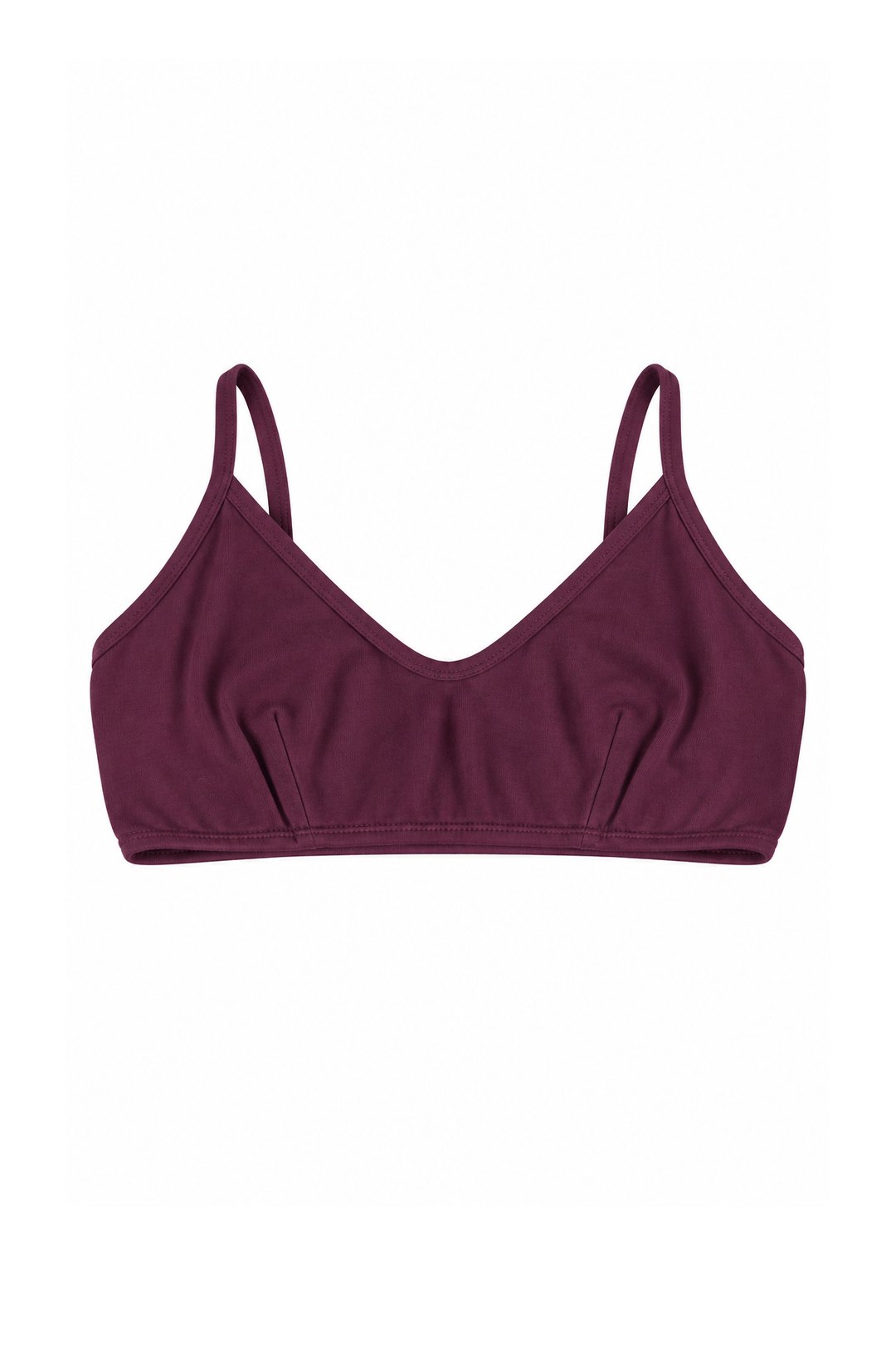 Organic cotton crop bralette in deep plum colour on white backround