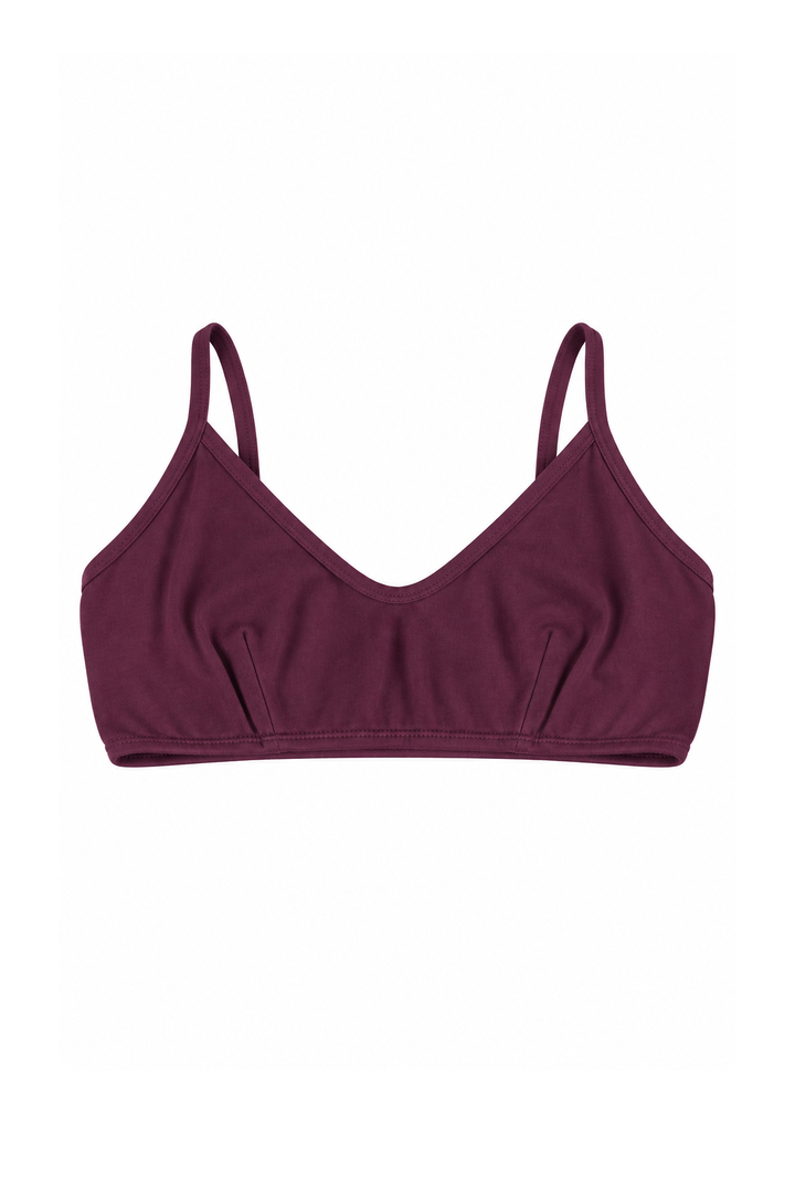 Organic cotton crop bralette in deep plum colour on white backround