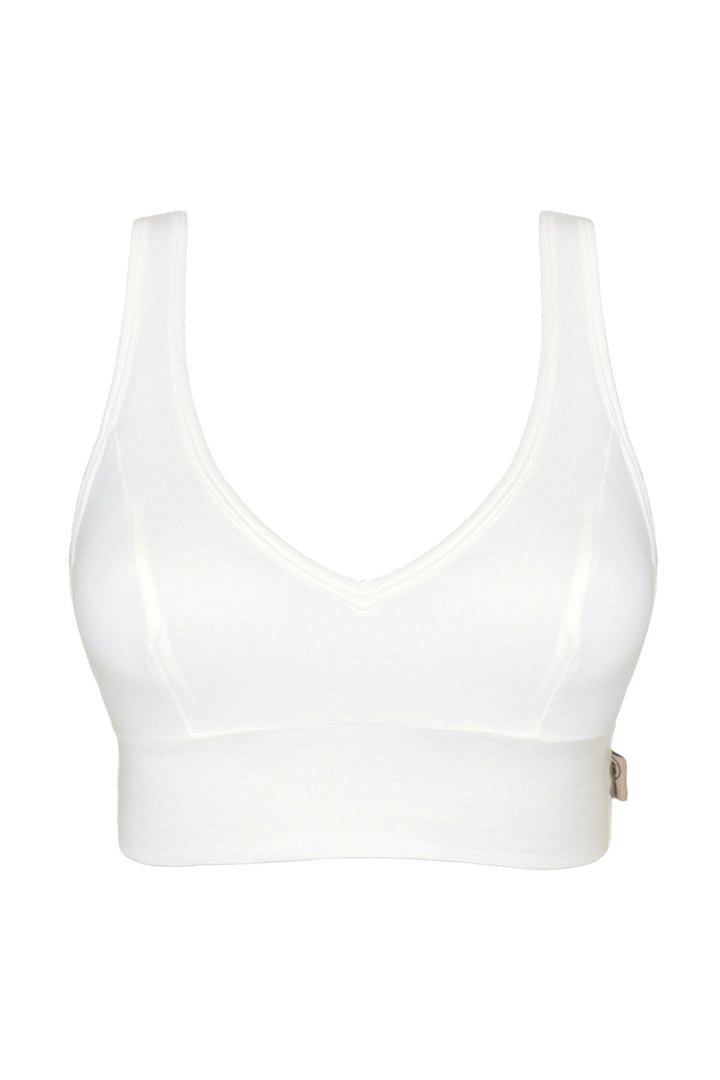 Flatlay image of organic cotton crop bra in natural white