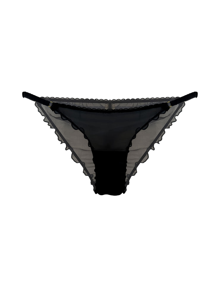 Ruffle String knickers in silk chiffon in black