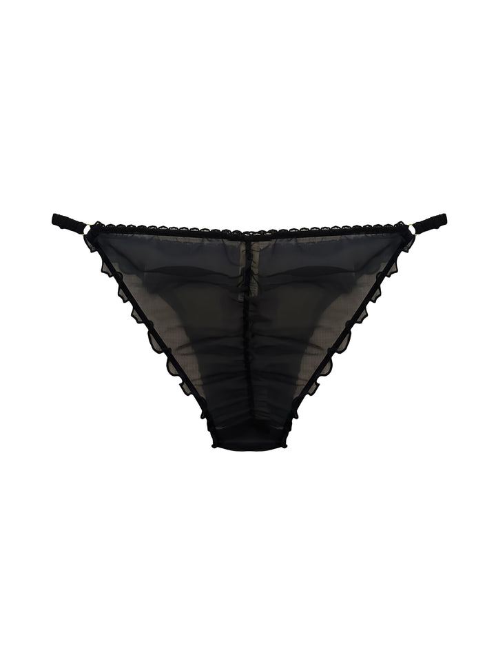 Ruffle String knickers in silk chiffon in black