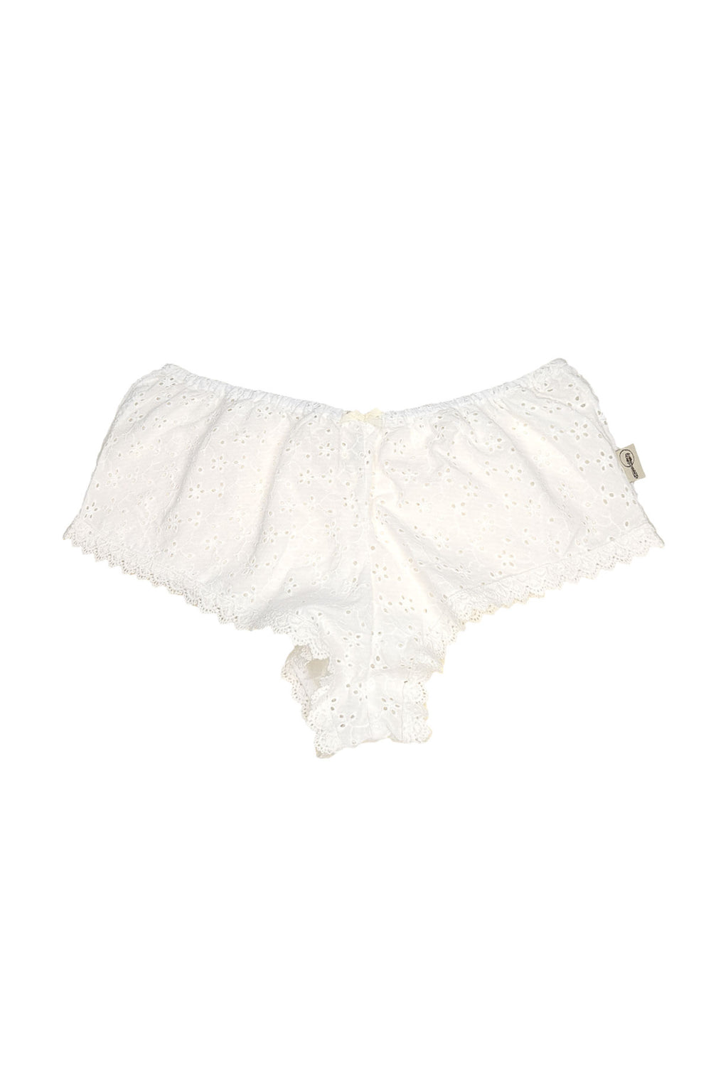 A pair of white broderie anglaise French knickers with lace trim.