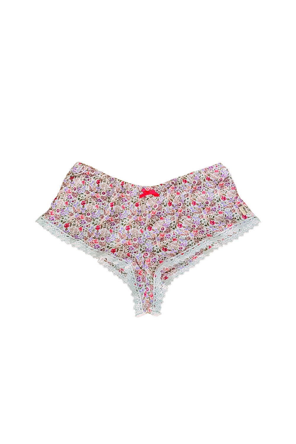 Floral-patterned underwear with lace trim on a white background
