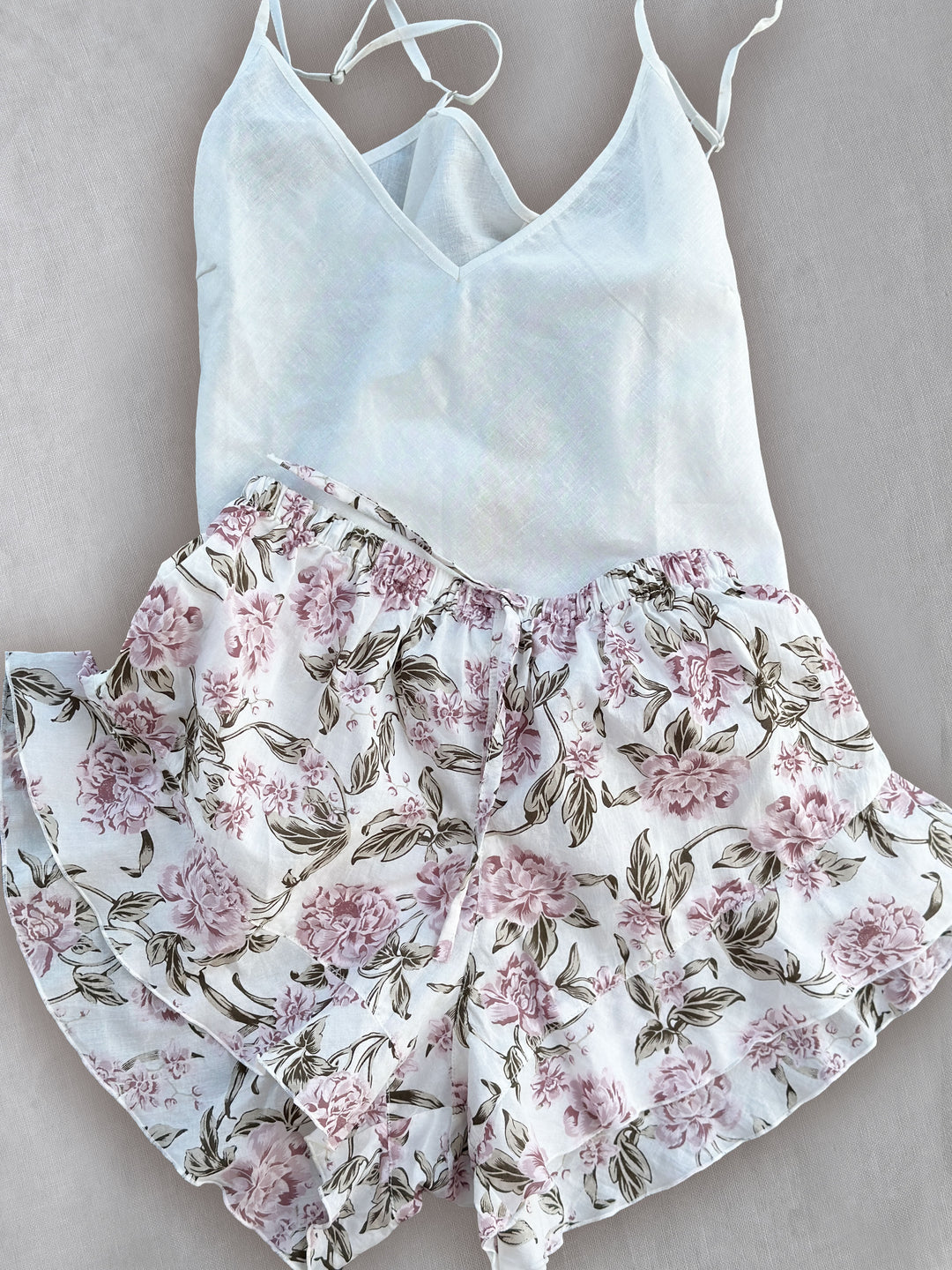 cami in white with floral shorts in organic cotton