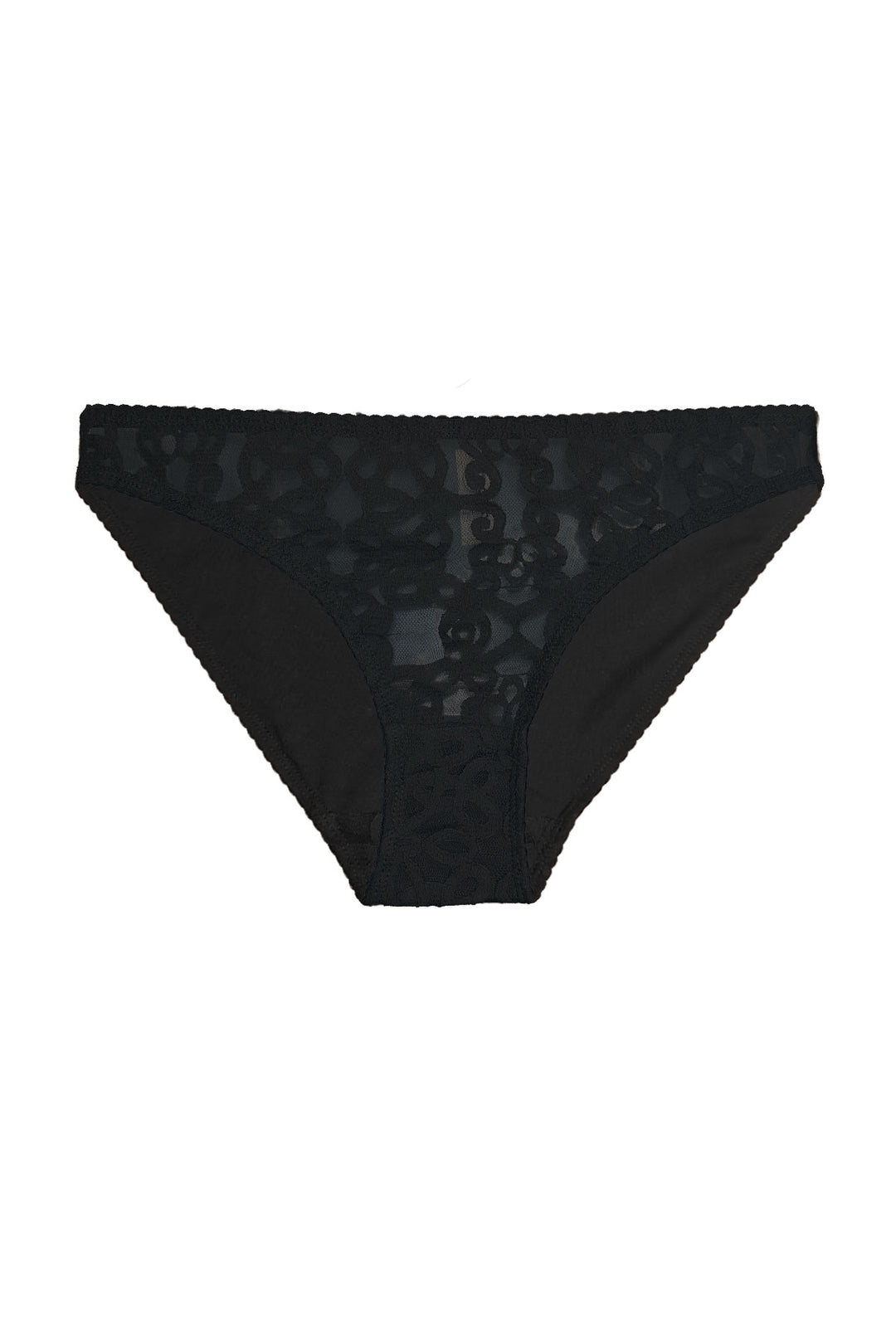Black underwear with lace panel on a white background
