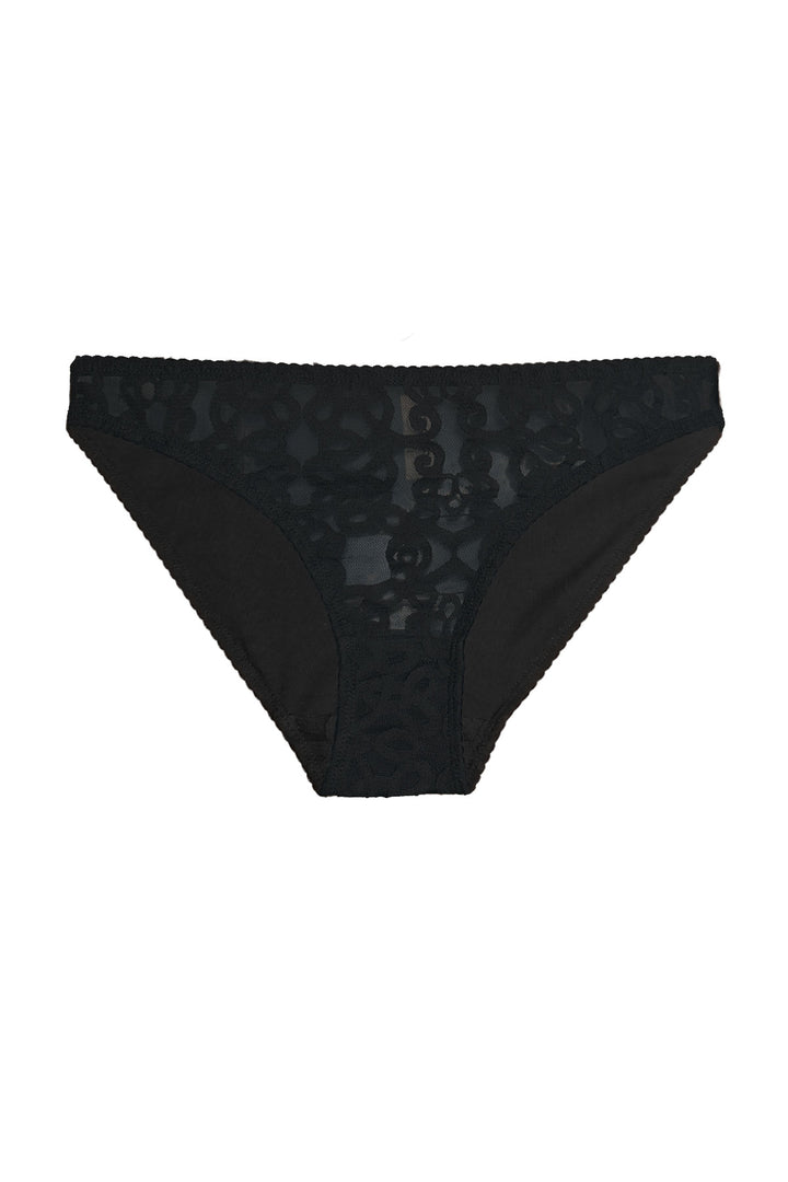 Black underwear with lace panel on a white background