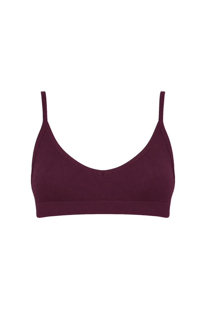 Organic cotton crop bra in plum colourt