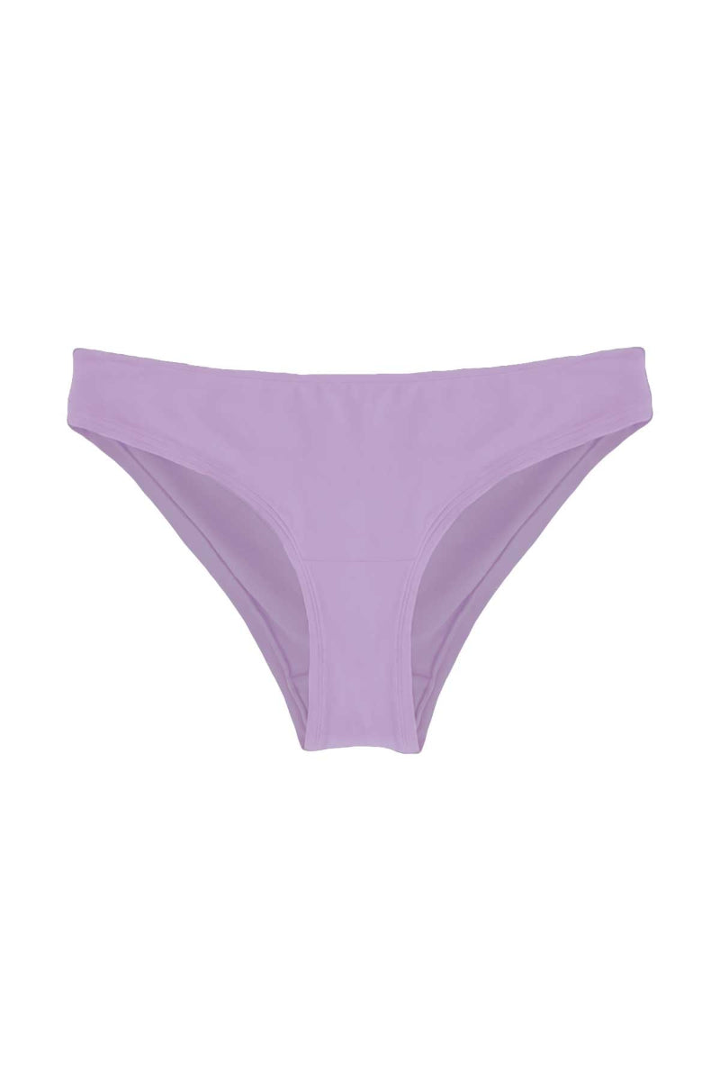 A single pair of women's bikini bottoms in a solid light lavender purple, shown flat against a plain white background.
