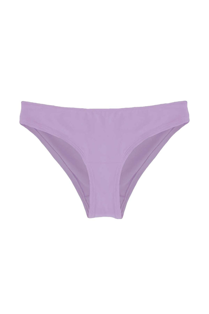 A single pair of women's bikini bottoms in a solid light lavender purple, shown flat against a plain white background.