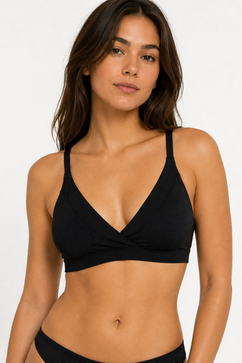 model in black organic cotton bralette for a, b and c cup size