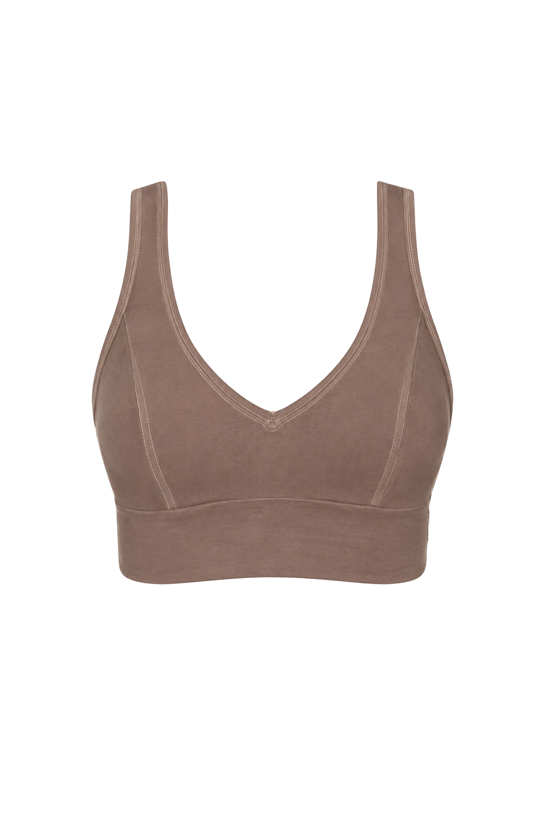 A SOFT BROWN, full cup crop bra made from organic cotton, with a v-neckline and wide straps.