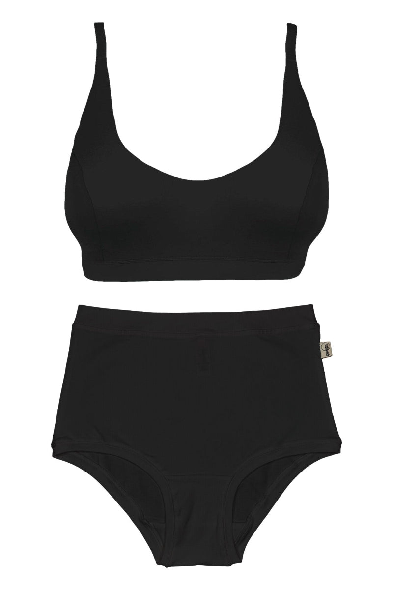 Black organic cotton bra and underwear on white background