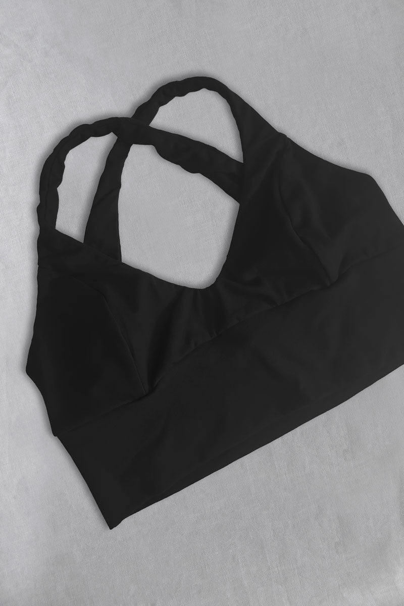 Black crossback sports bra top on a light gray background