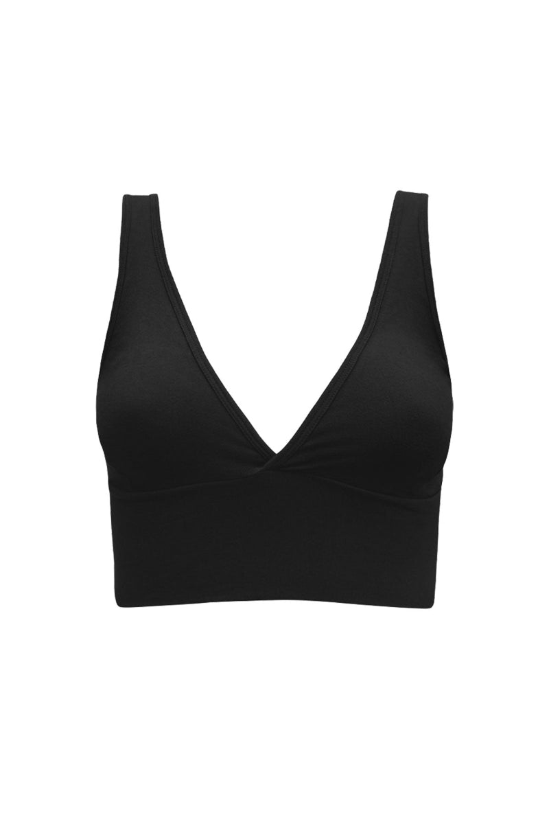 Black organic cotton crop style bralette on a white background