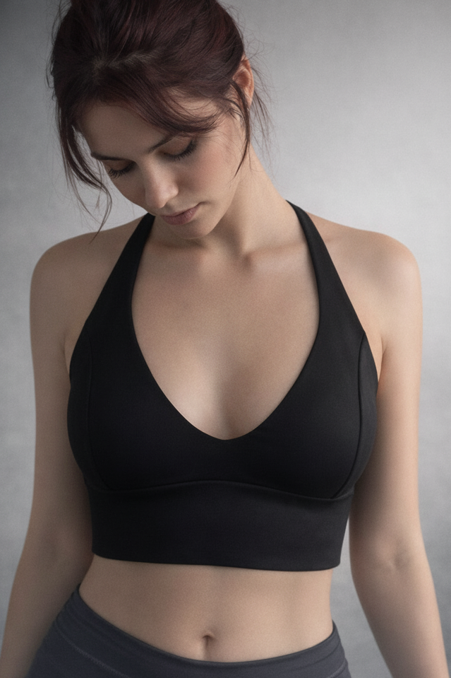 Woman wearing a black sports bra and shorts against a gray background