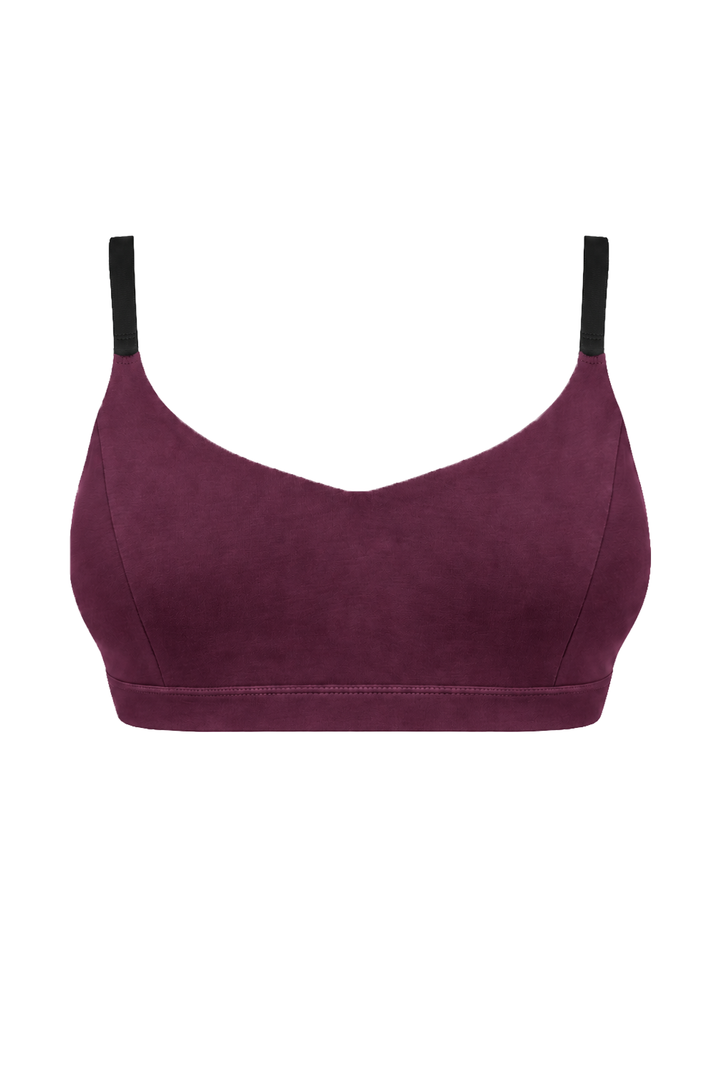 Organic cotton bralette in dark plum colour with black straps