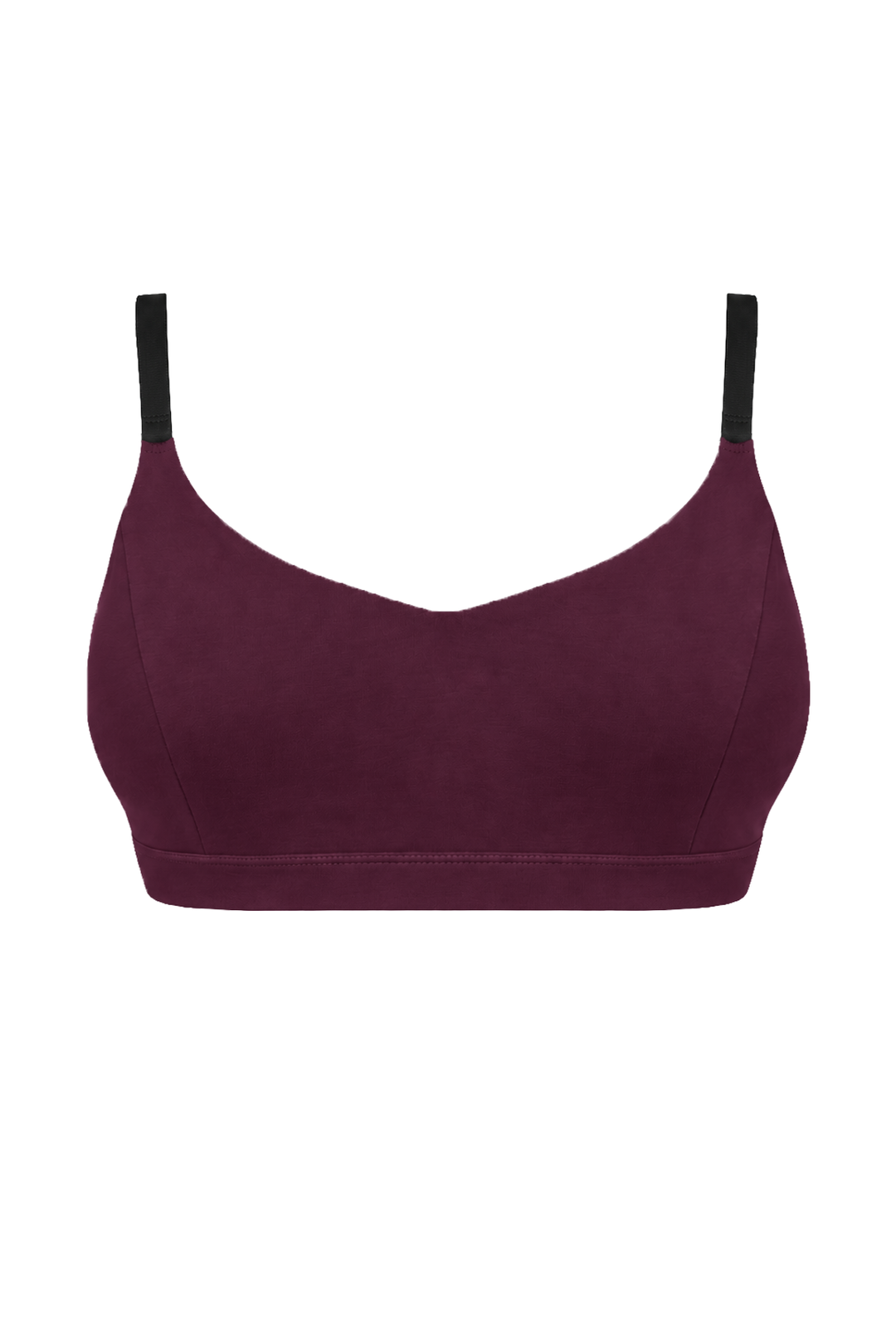 Organic cotton bralette in dark plum colour with black straps