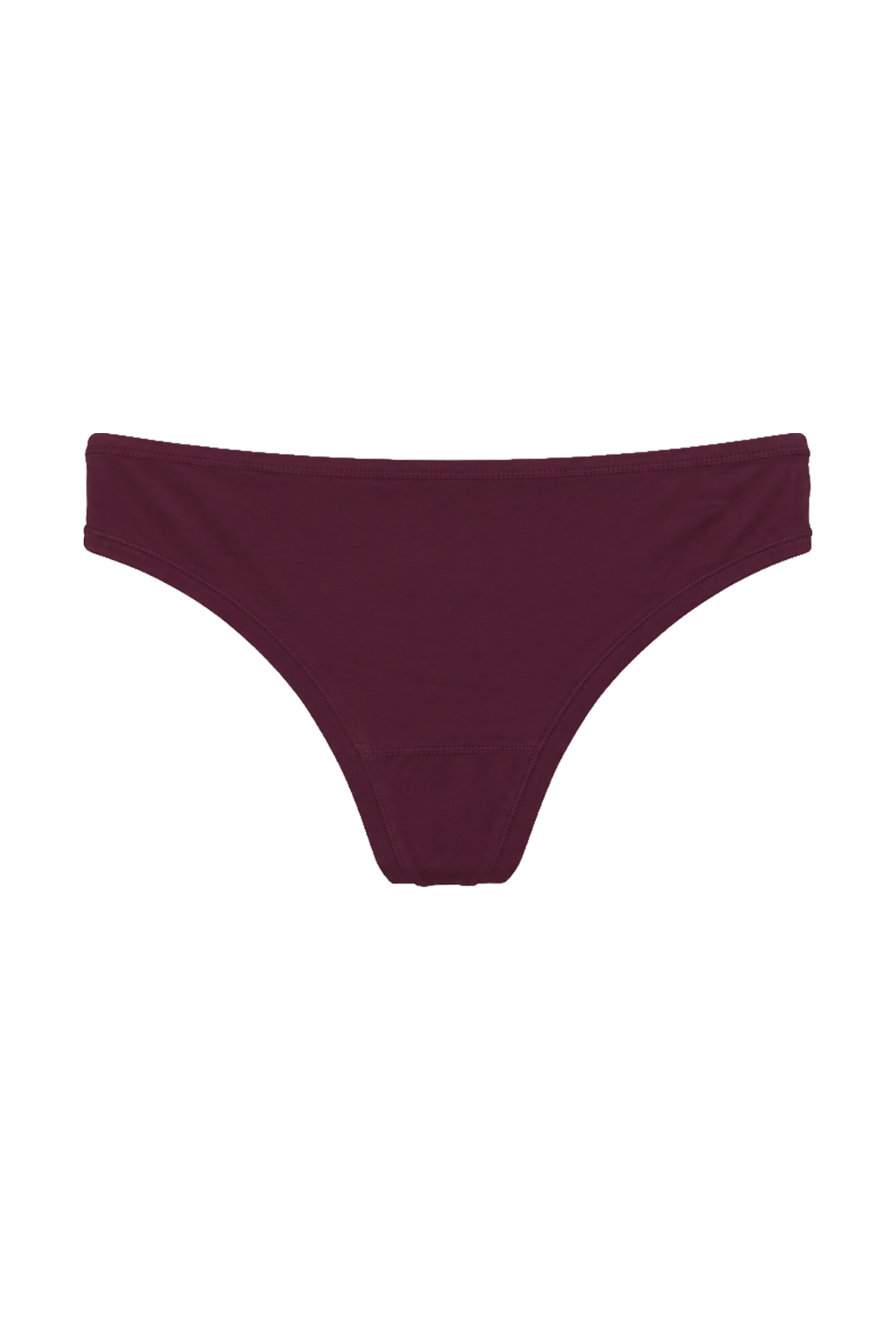 A pair of low-rise, thong-style bikini bottoms in a deep burgundy color, presented flat against a solid white background.