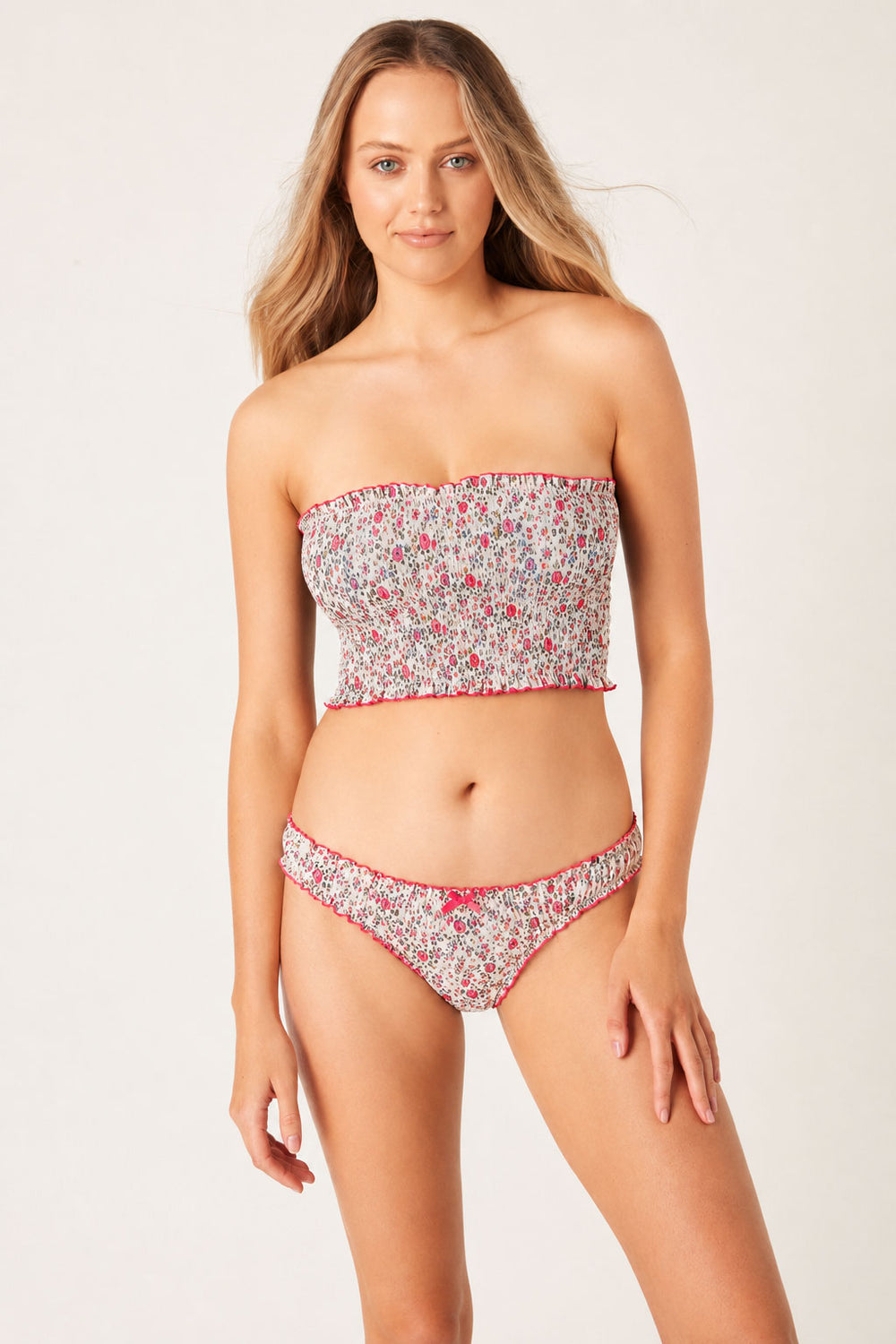 model wearing cotton bandeau bra and floral cotton briefs