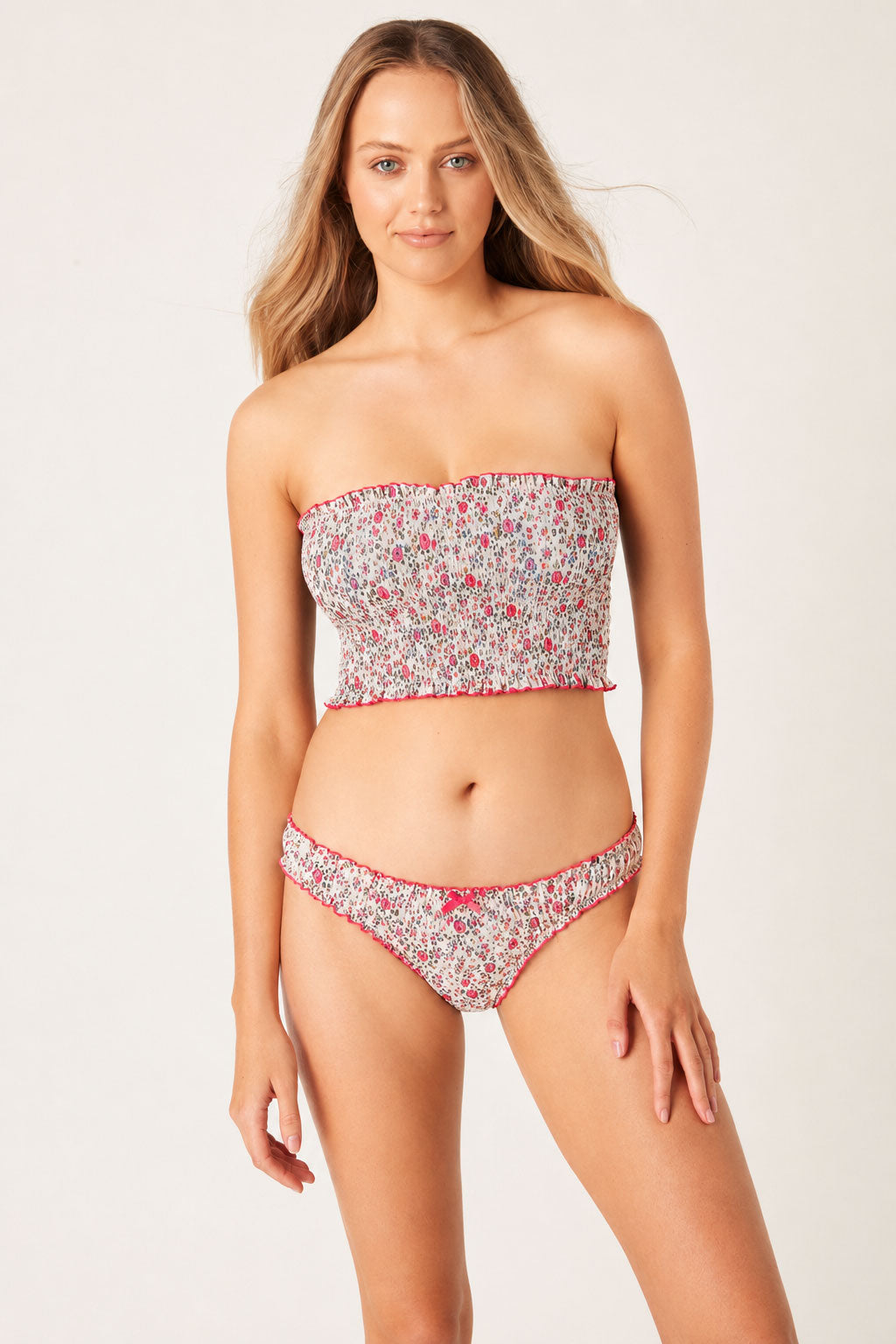 model wearing cotton bandeau bra and floral cotton briefs