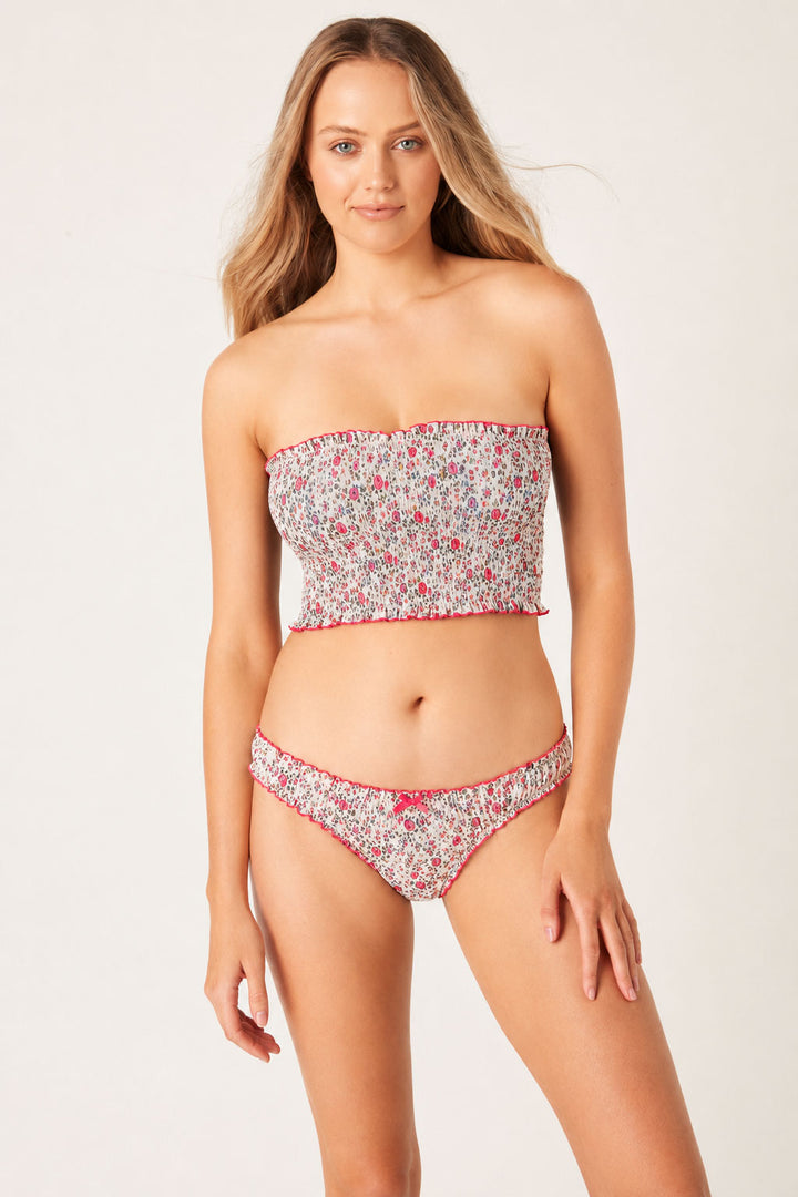 model wearing cotton bandeau bra and floral cotton briefs