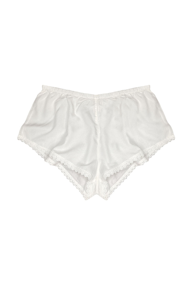 White lace-trimmed shorts on a white background