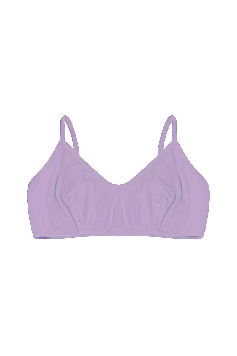 A light purple soft cup bralette with thin shoulder straps, displayed flat against a solid white background.