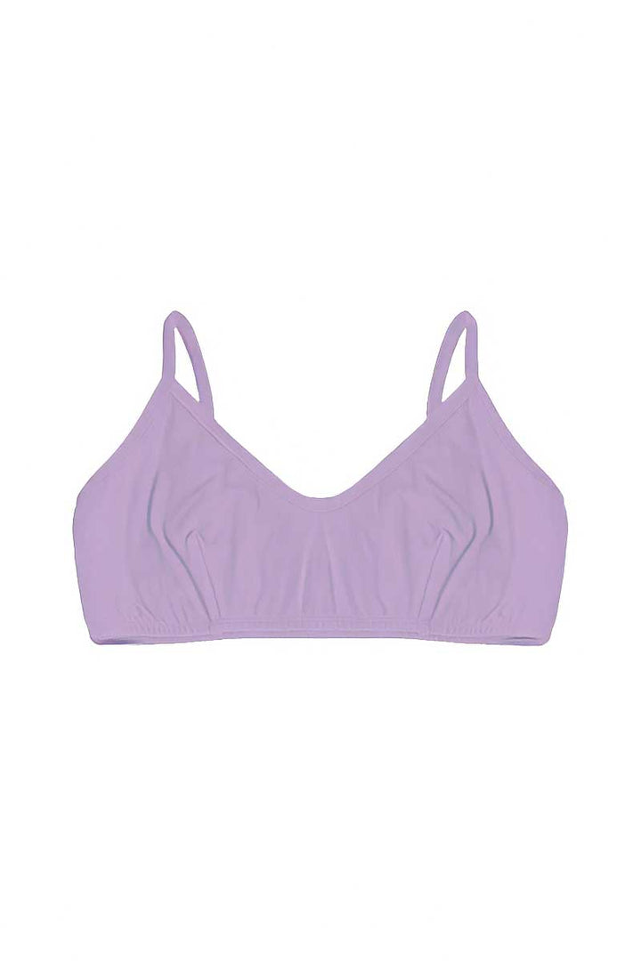 A light purple soft cup bralette with thin shoulder straps, displayed flat against a solid white background.